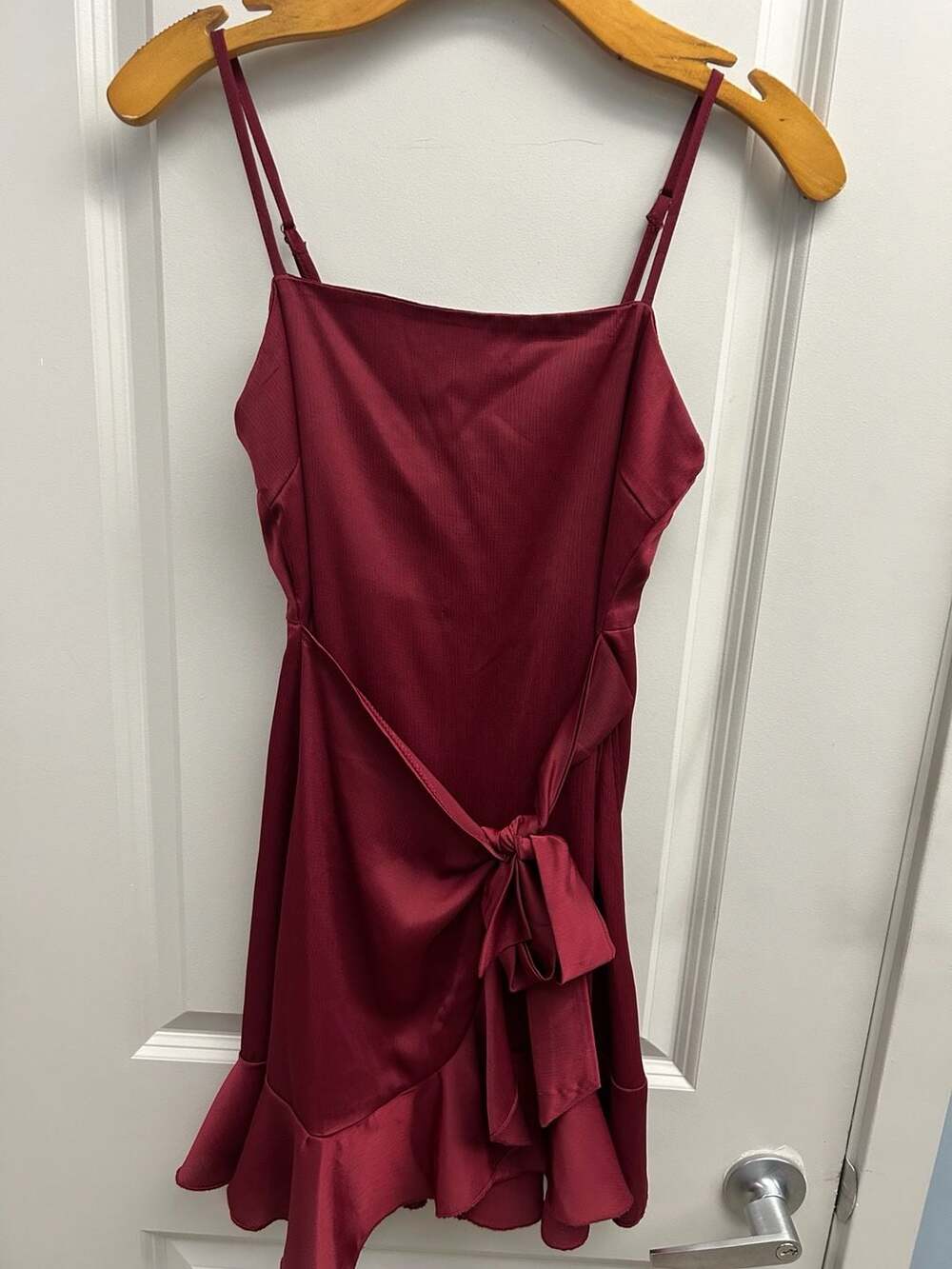 Princess Polly Mini Dress Size US 4 Burgundy Ruffle Wrap Tie Satin